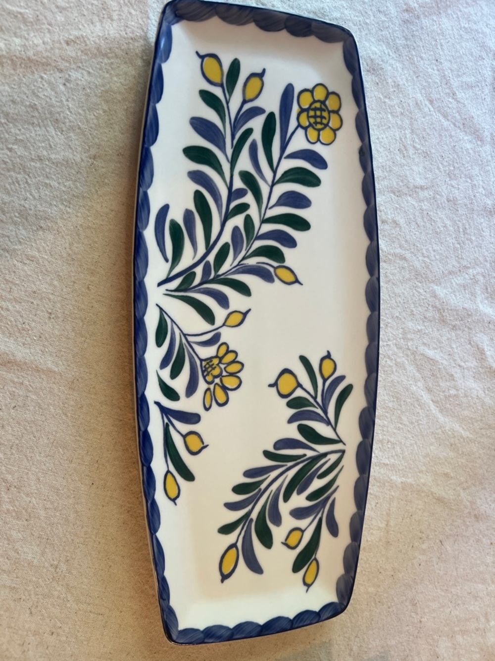 Pottery Barn Blue, Yellow & Green Hand-Painted Floral Rectangular Platter